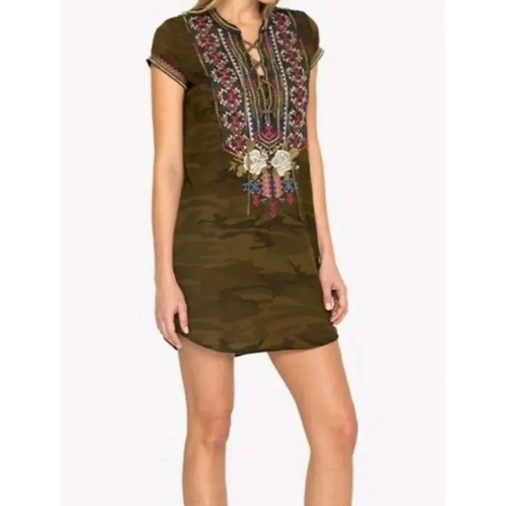 Johnny Was Ronnie Laceup Embroidered Camouflage Tunic Dress sz XS